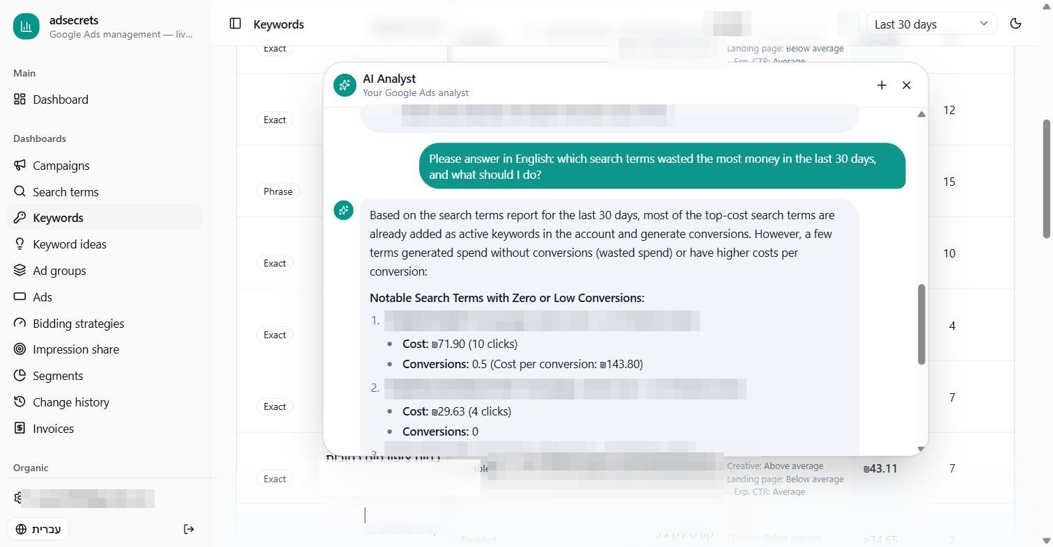 The adsecrets AI analyst answering, in English, which search terms wasted money — with the numbers and recommendations